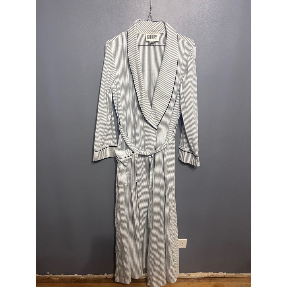 Vintage Bill Blass Seersucker Blue White‎ Striped Women's Robe W Pockets Sz MEd